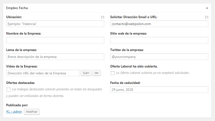 Datos a rellenar WP Job