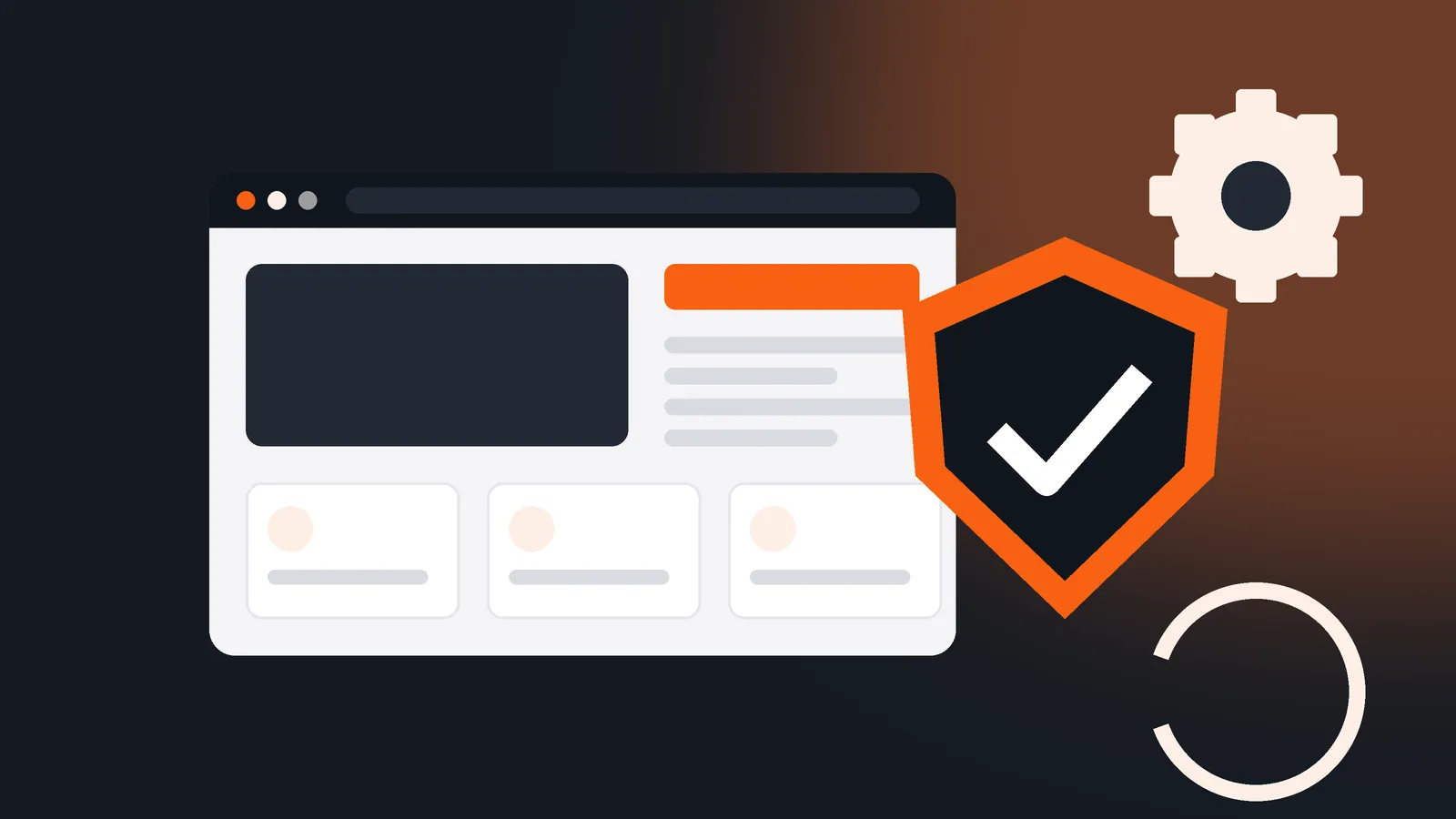Ilustración de una web protegida con escudo y engranaje: mantenimiento de WordPress